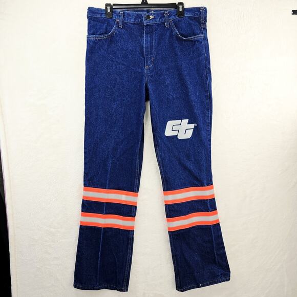 Vintage Calpia Caltrans Jeans Made In USA Zipper Fly Snap Reflective Size 36x32 - Picture 2 of 13